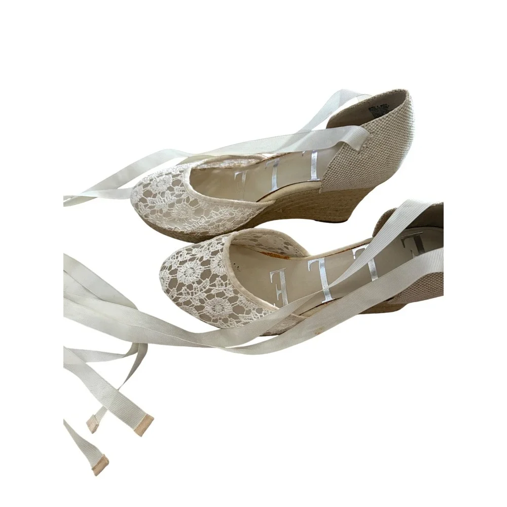 Elle Ivory Floral Lace Espadrille Wedge Heels Ribbon Ankle Tie Womens 9 Feminine